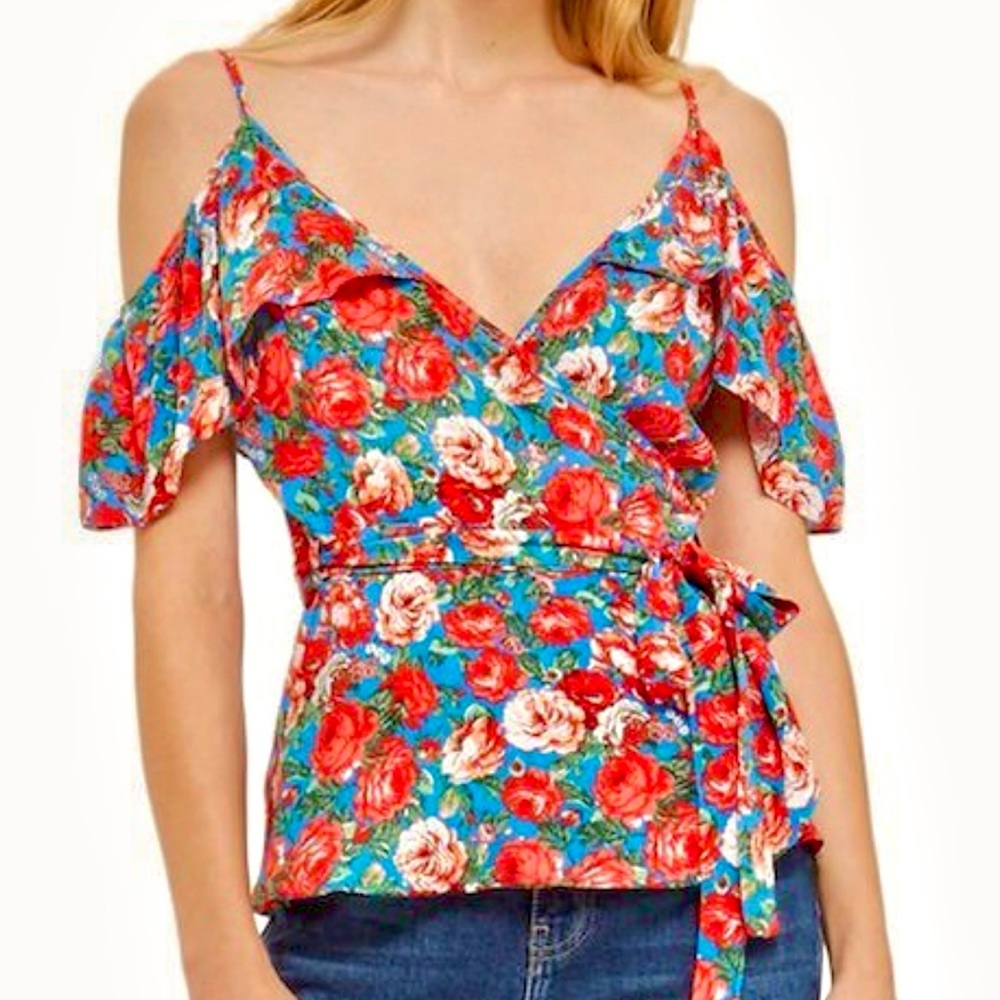 Topshop Floral Cold Shoulder‎ Wrap Blouse - Women’s Size 8 Blue and Red